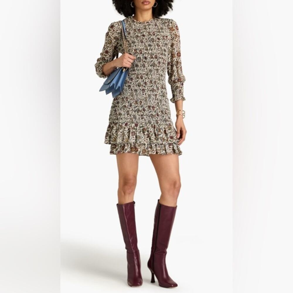 Veronica Beard Farha 3/4 Sleeve Smocked Ruffled Floral Mini Dress Ecru Size 2